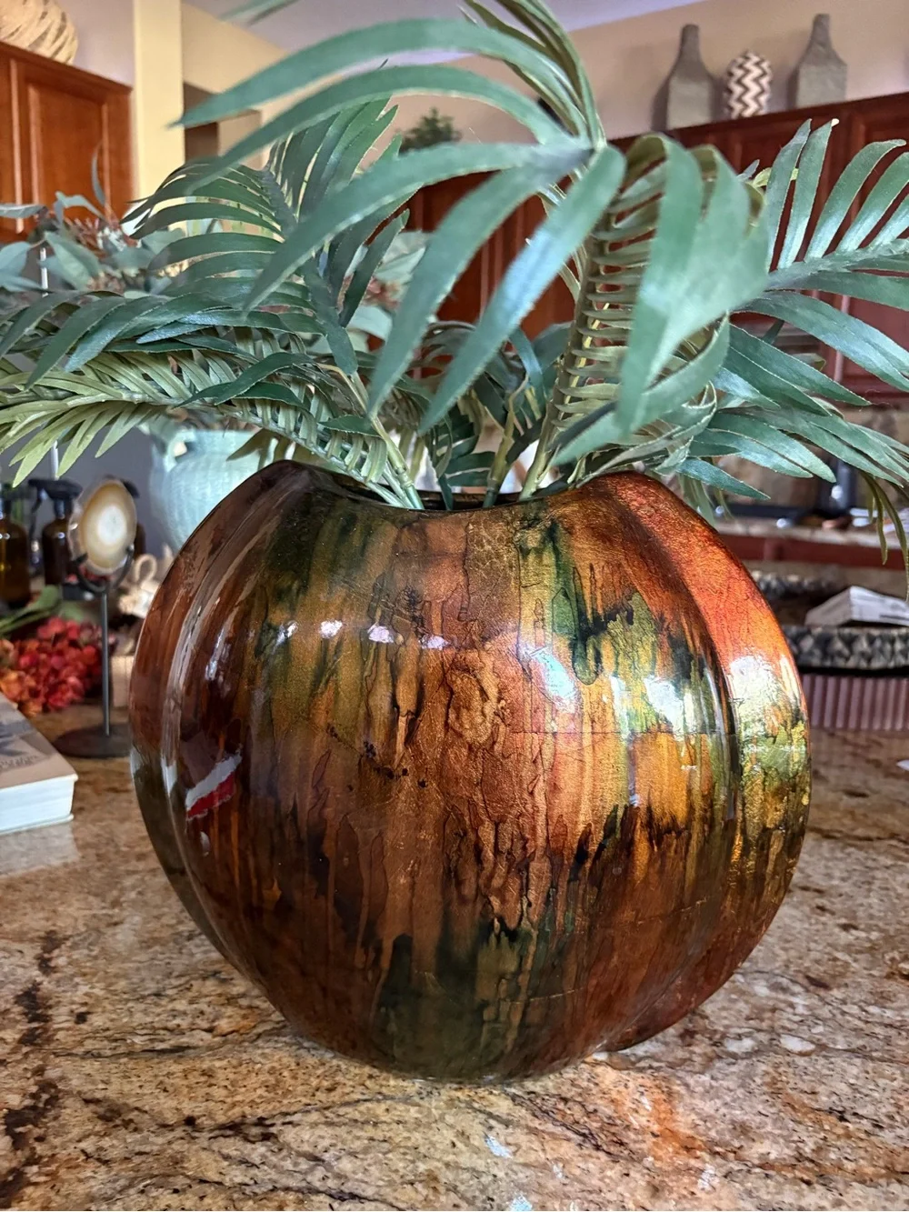 Round Decorative Vase in Brown, Copper and Teal